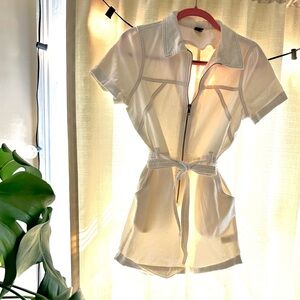 White Romper with Zipper Detail and Tie Waist